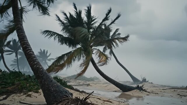 Palm trees bent by strong wind on beach