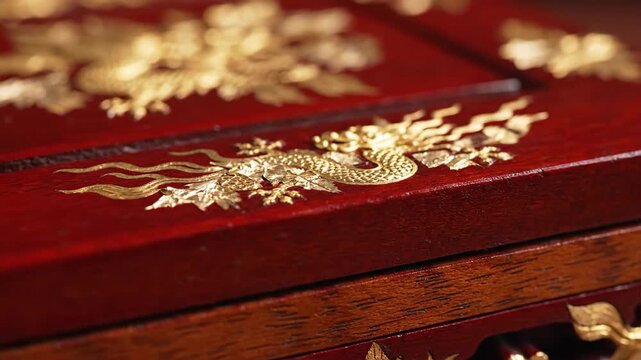 Closeup of ornate golden dragon inlay on a polished dark red wooden surface, traditional oriental craftsmanship, detailed cultural motif