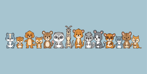 Fototapeta premium Cartoon lineup of fifteen cute animals including dog, bear, lion, kangaroo, sloth, goat, and more, colorful vector illustration symbolizing playfulness, creativity, and children’s learning concepts