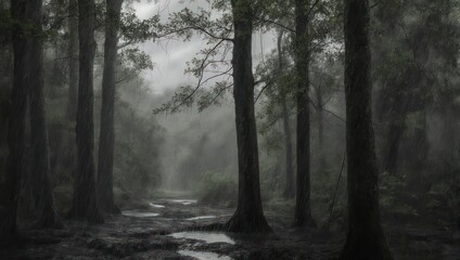 Fototapeta premium Atmospheric view of a misty forest path with tall trees and filtered light