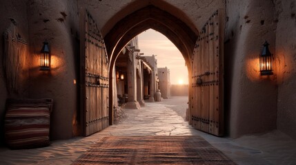 Obraz premium Grand Entrance to Mudbrick Caravanserai at Sunset with Warm Glow