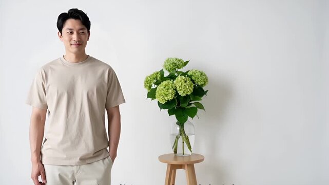 白背景のミニマルなスタジオで撮影された日本人男性ポートレート。柔らかなハイキー照明が自然な肌質感と親しみやすい表情を引き立てる。