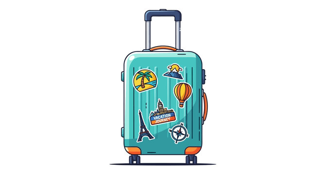 Turquoise Suitcase Decorated With Travel Stickers Ready For Adventure.