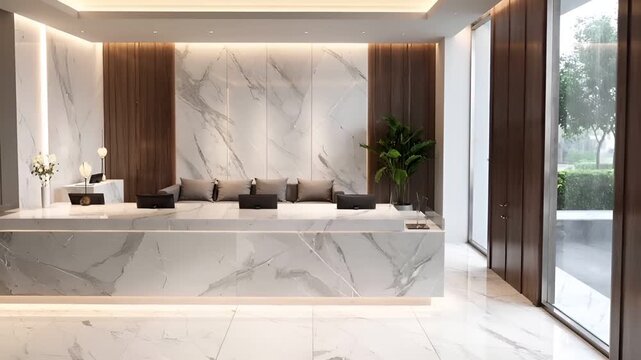 Elegant clinic waiting area marble desk grey seating rain reflection soft lighting spa mood