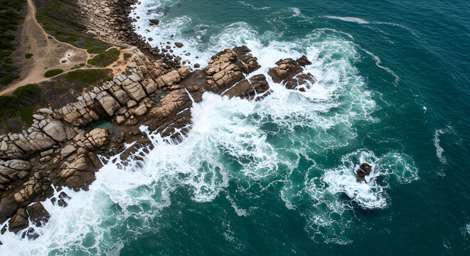 Aerial View of Rocky Shoreline with Turbulent Ocean Waves Crashing against Boulders under Bright Blue Sky