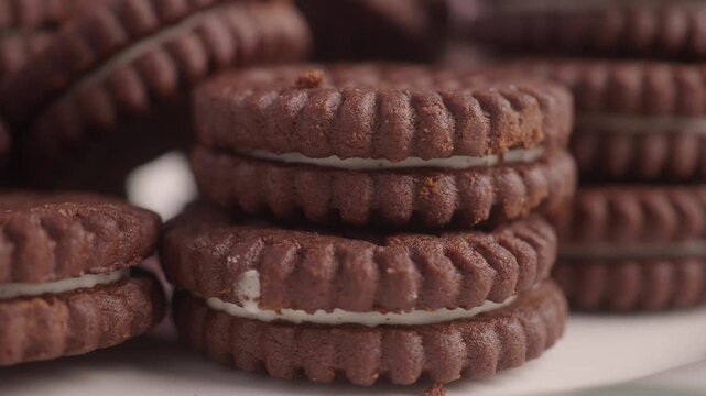 A close up view of delicious chocolate cookies with white cream filling stacked on top of each other and arranged beautifully on a plate, shot with a shallow depth of field, delicious dessert or snack