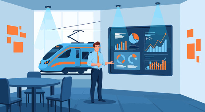 Man presenting data on a large screen in a modern office.