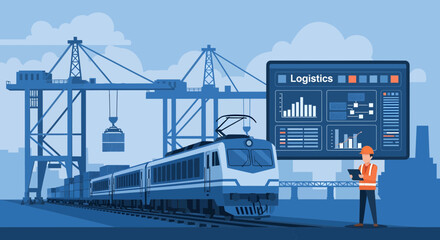 Fototapeta premium Modern Logistics Train and Digital Dashboard Technology.