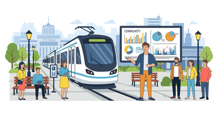 Naklejka premium Modern Tram Station with Digital Information Display and Diverse Passengers.