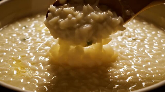 Creamy, thick rice porridge held on a wooden spoon, steaming, in a ceramic bowl