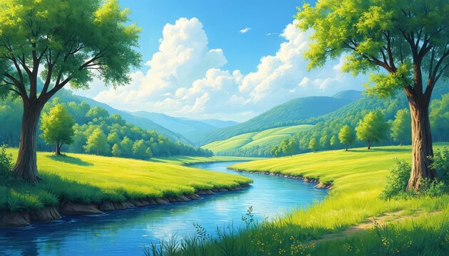 Green valley with flowing river under blue sky. Rich trees and hills create peaceful natural scene. Sunlight brightens grassy fields in vibrant pastoral artwork.