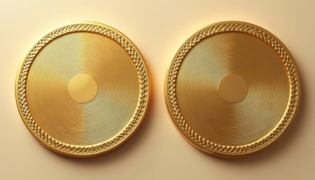 Two blank gold coins with detailed braided edges sit on a light beige surface. These empty metallic circles are perfect for adding custom designs or text for awards or currency concepts.
