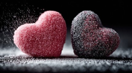 Obraz premium Close-up of Two Glittery Sugar-Coated Hearts on a Dark Background in a Romantic and Whimsical Setting