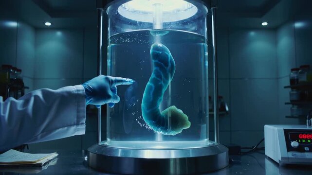 A scientist in a lab coat and mask points at a glowing blue specimen in a laboratory setting, conveying a sense of discovery and curiosity.