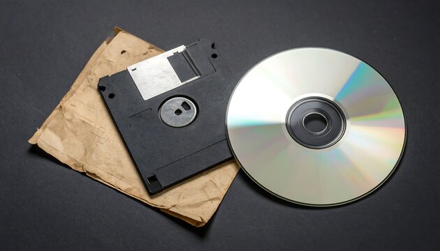 Old floppy disk and CD on dark background