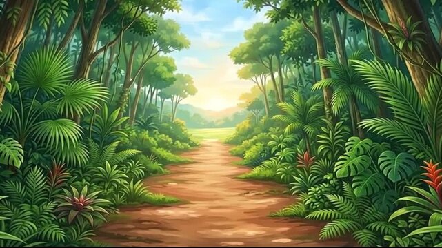 ゲーム背景　ジャングルの奥から日が昇ってくる夜明けの動画