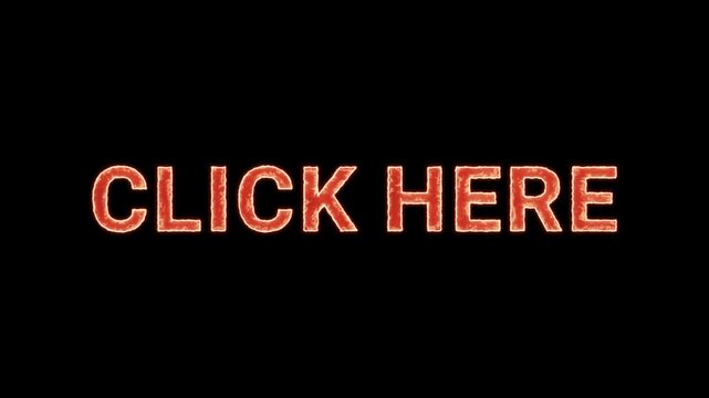 Click Here Text Glowing Neon Reveal Animation Orange Isolated On Black Background