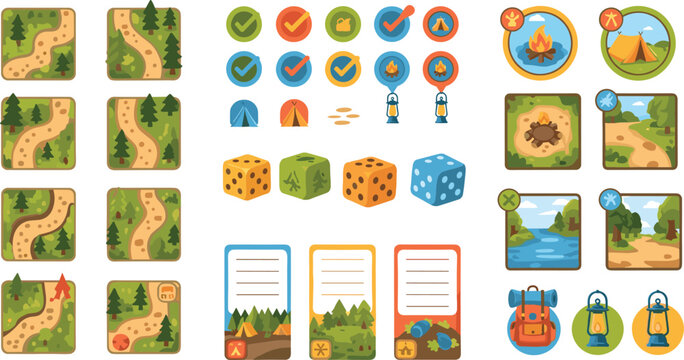 Adventure board game elements set with map tiles dice icons and camping items, fantasy exploration flat vector illustration collection for game design