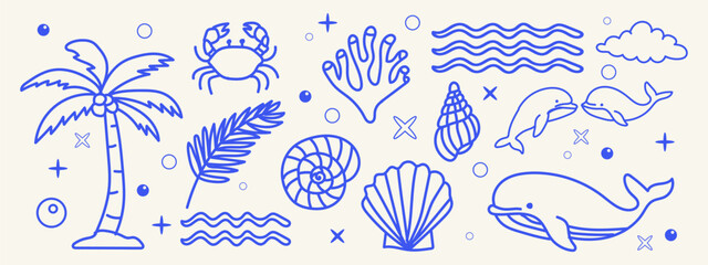 Set of cute marine life and tropical beach elements, hand drawn vector illustration © MDMahmudul