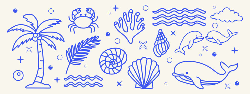 Set of cute marine life and tropical beach elements, hand drawn vector illustration