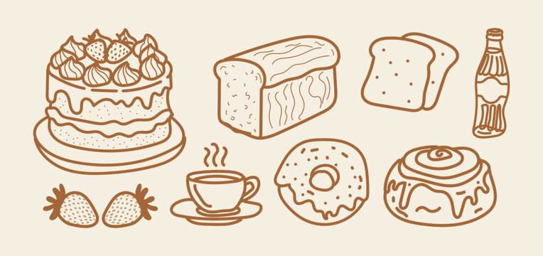 Set of hand drawn bakery and breakfast items, cake, bread, coffee, donut, cinnamon roll