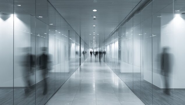 A modern, sleek corridor featuring glass walls with blurred figures of people walking, creating a sense of motion and contemporary design.