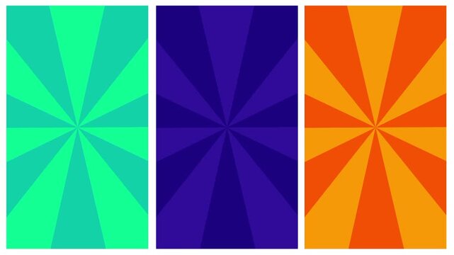 Three vertical panels show vibrant starburst patterns in shades of teal purple and orange