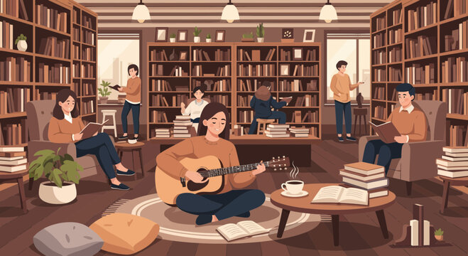 Young woman playing guitar in cozy library setting 1.