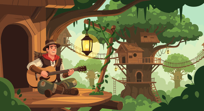 Man playing guitar in a treehouse setting.