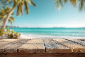 Fototapeta premium A serene beach scene featuring a wooden surface in the foreground and a blurred ocean view with palm trees, evoking a tranquil and relaxing atmosphere.