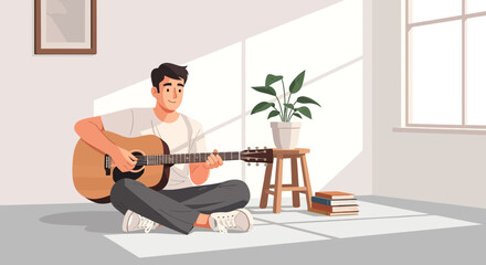 Fototapeta premium Young man playing acoustic guitar indoors.