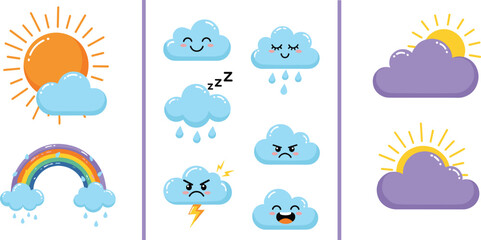 Obraz premium Cute weather icons set with sun clouds rain rainbow and storm expressions, cartoon climate symbols flat vector illustration collection for forecast design