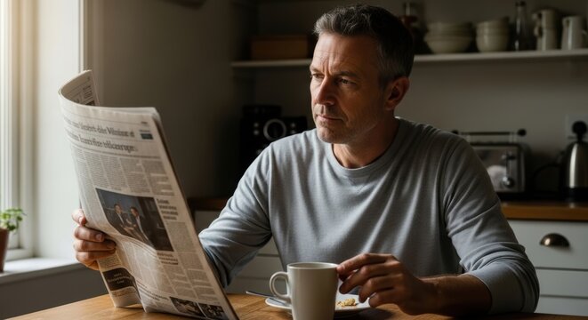 A middle-aged man sits at a kitchen table reading a newspaper with a concerned expression while holding a cup of coffee