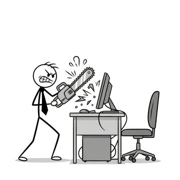 Angry businessman destroying office computer.