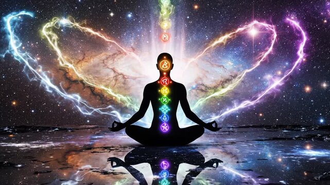Meditating figure with chakras in space