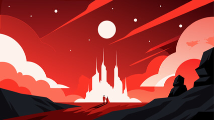 Fantasy castle landscape, futuristic scenery, red planet background, sci-fi illustration © ruposhi