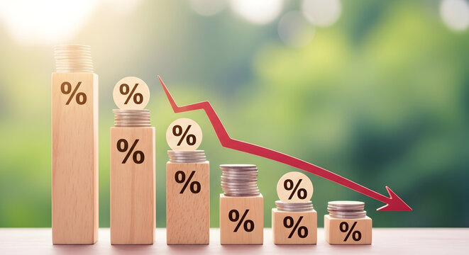 Wooden Percentage Blocks with Coins Depicting Financial Growth and Decline Trends on a Business Investment Chart Against a Soft Background
