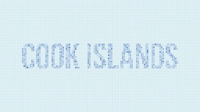 Cook Islands dotted map animation. Digital style shape of Cook Islands and island title blue dots appear with flickering effect. Creative Intro, outro, title, logo video.