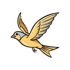 Fototapeta premium Vintage yellow bird vector illustration, flying sparrow with spread wings, retro hand drawn songbird mascot isolated on white background