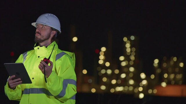 Engineers&rsquo; night shift working oil and gas refinery service, Workers hard work at night petroleum industry plant background, Oil and Gas Petrochemical industry.