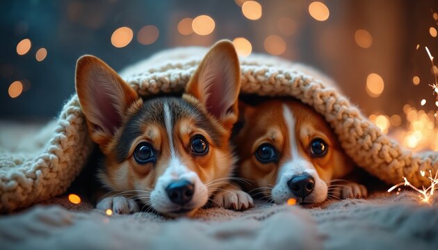 Two corgi puppies hide under knitted blanket. Cute dogs are scared by bright lights and sparkles. Animals seek comfort and safety indoors during nighttime festivities.