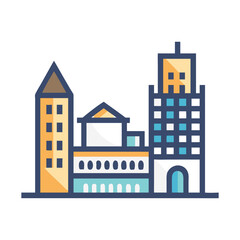 Obraz premium Modern city skyline vector icon, urban building architecture in flat line style, downtown skyscraper and office buildings for real estate branding
