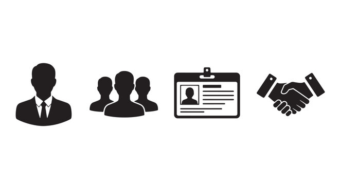 User Profile User Group ID Card Handshake Icons Set, Minimal Black Silhouettes 2D Flat Style