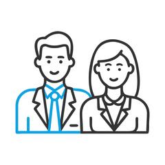 Fototapeta premium Professional business team line icon, corporate man and woman avatars, executive staff members in suits, blue and black office personnel vector