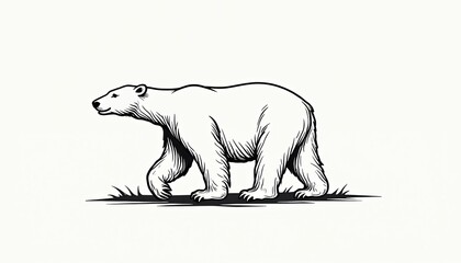 Fototapeta premium Black outline drawing of a polar bear walking on grass. Minimalist graphic art shows animal side profile. Simple visual illustration depicts arctic fauna. Bear figure for nature and wildlife themes.