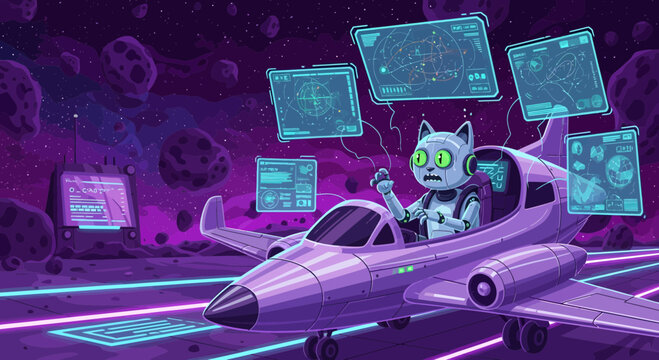 Cute robot cat piloting a futuristic spaceship in outer space.