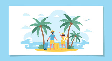 Obraz premium Happy Couple Arriving on Tropical Island Beach with Palm Trees and Luggage for Vacation