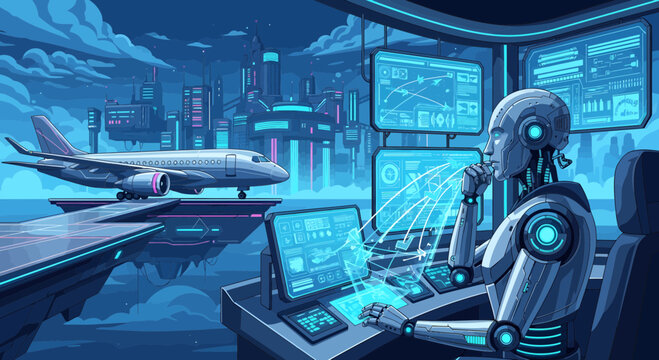 Futuristic Robot Pilot Controlling Advanced Aircraft Operations.
