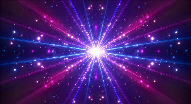 a bright light with pink and blue rays and stars