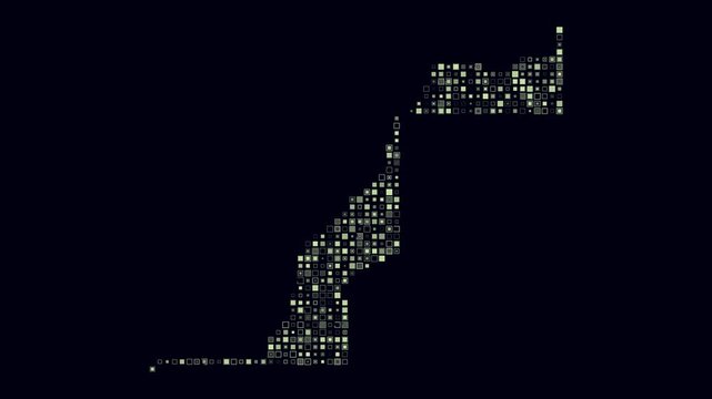 Western Sahara animated country shape. Pulsating colored dots on the map of the country. Small size square blocks. Digital style Western Sahara map on dark background. Beautiful animation video.